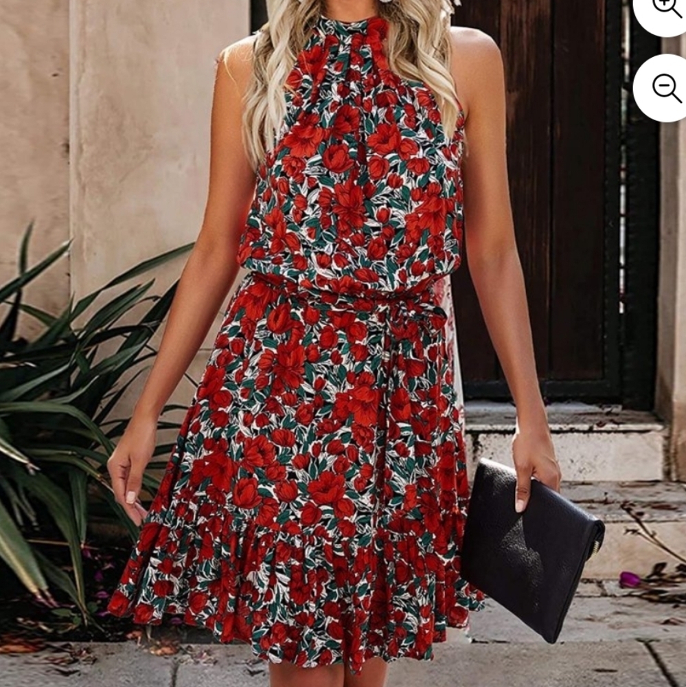 Women Floral Printed Halter Neck Ruffle A-Line Mini Dress Size M Indie Romantic